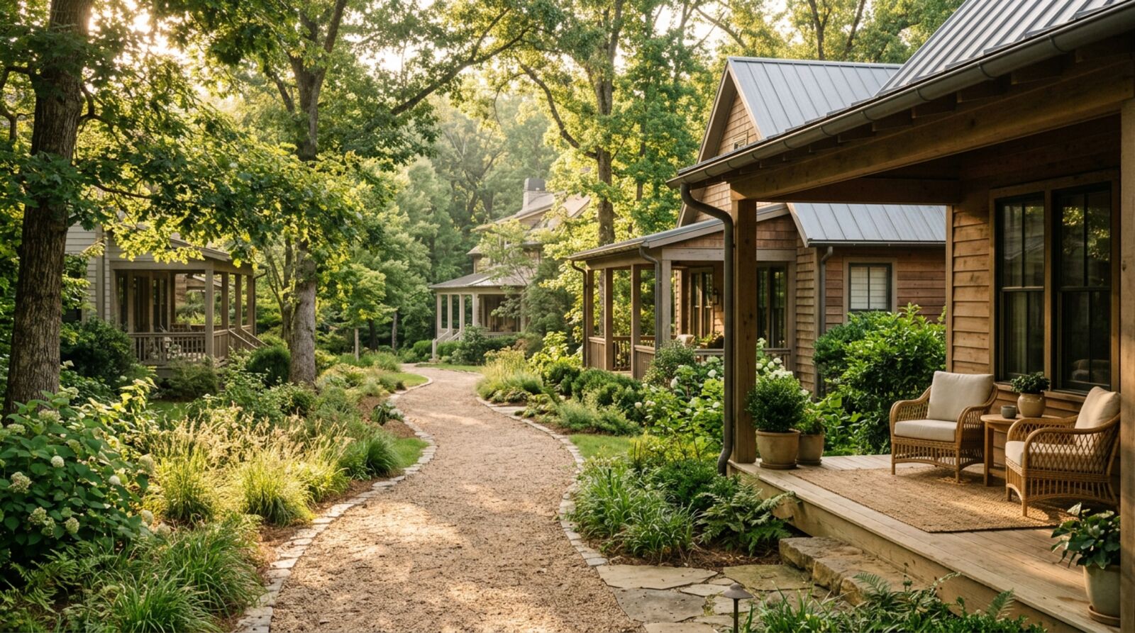 Outdoor — path lighting at late dusk
